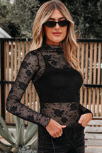 Apricot Pink Sheer Floral Lace Mesh Mock Neck Long Sleeve Top