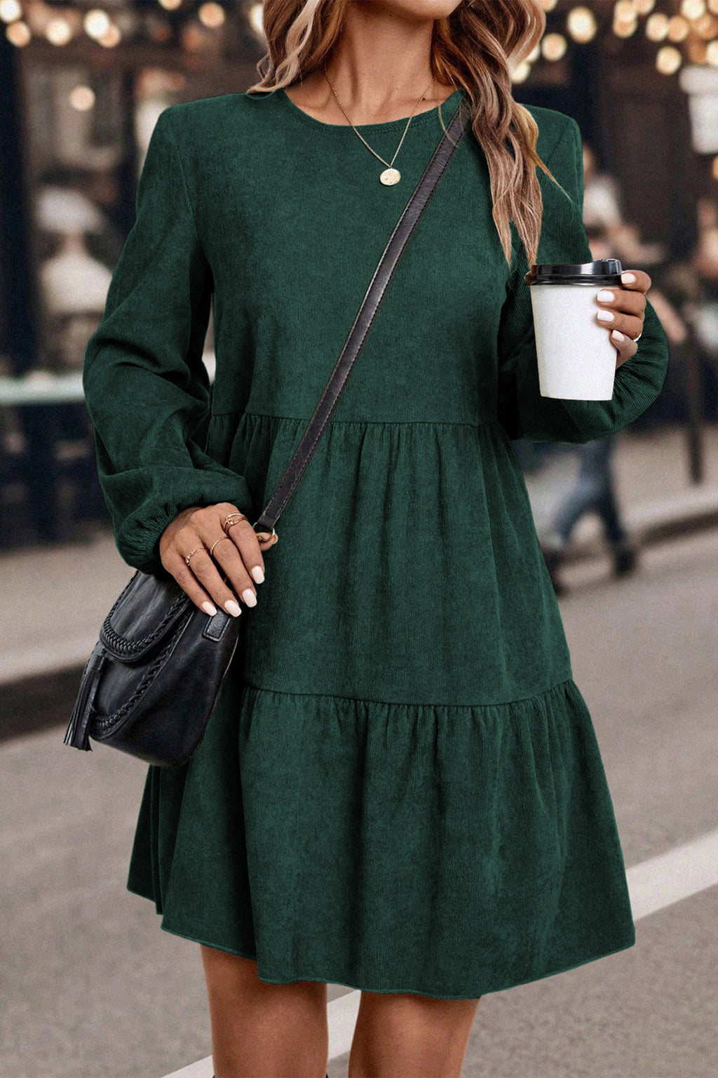 Dark Brown Lantern Sleeve Tiered Mini Dress