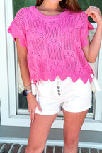 Beau Blue Pointelle Knit Patterned Scalloped Trim Short Sleeve Sweater