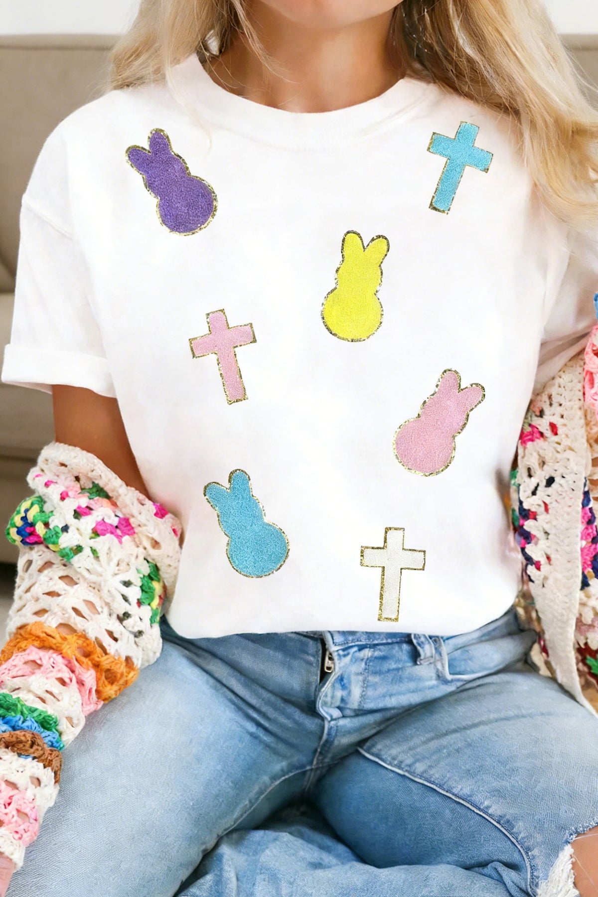 White Chenille Bunny Cross Patch Easter T Shirt