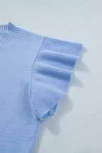 Sachet Pink Solid Color Ribbed Trim Round Neck Ruffle Short Sleeve Sweater