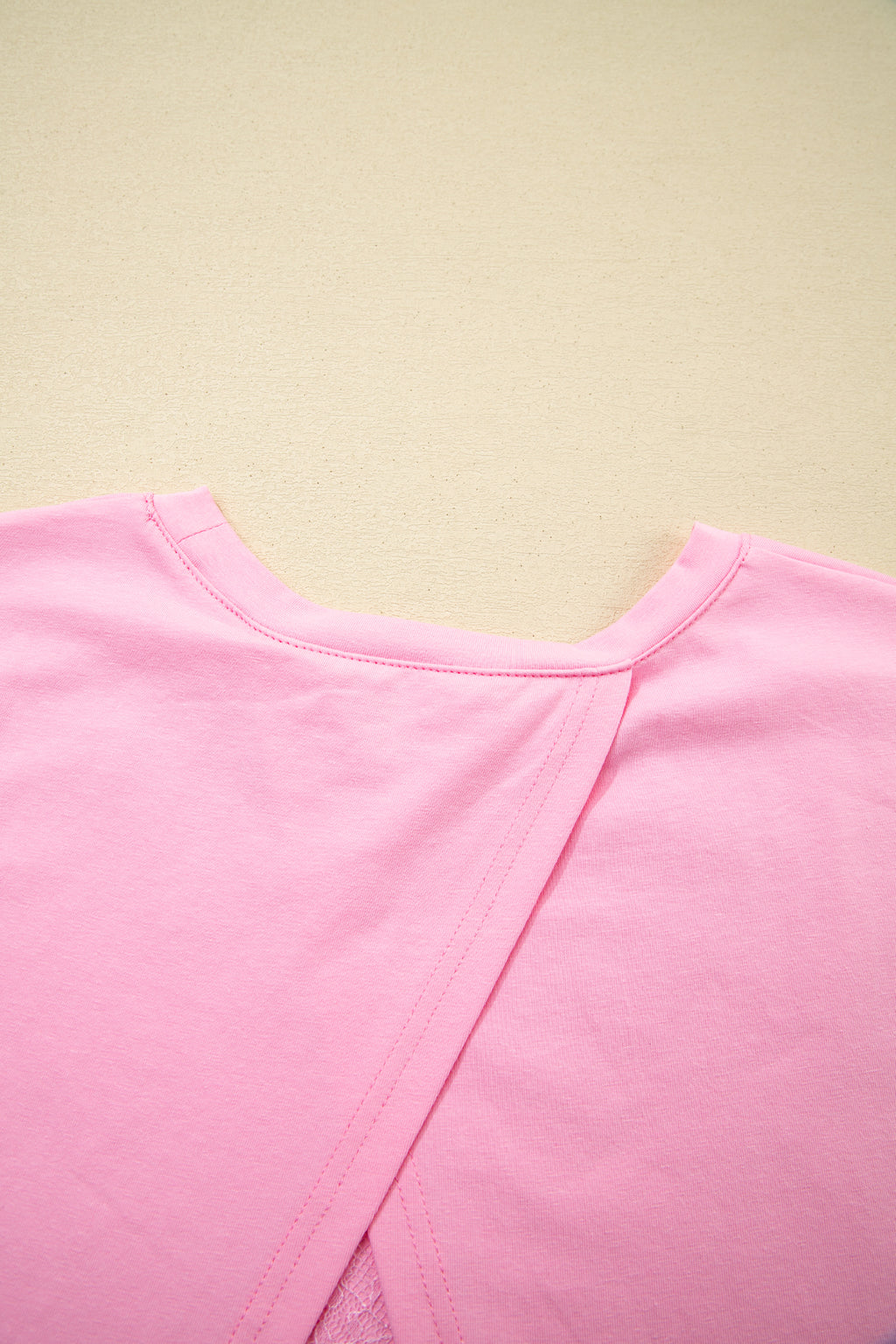 Pink Eyelash Floral Lace Patchwork Half Sleeve Oversize Tee