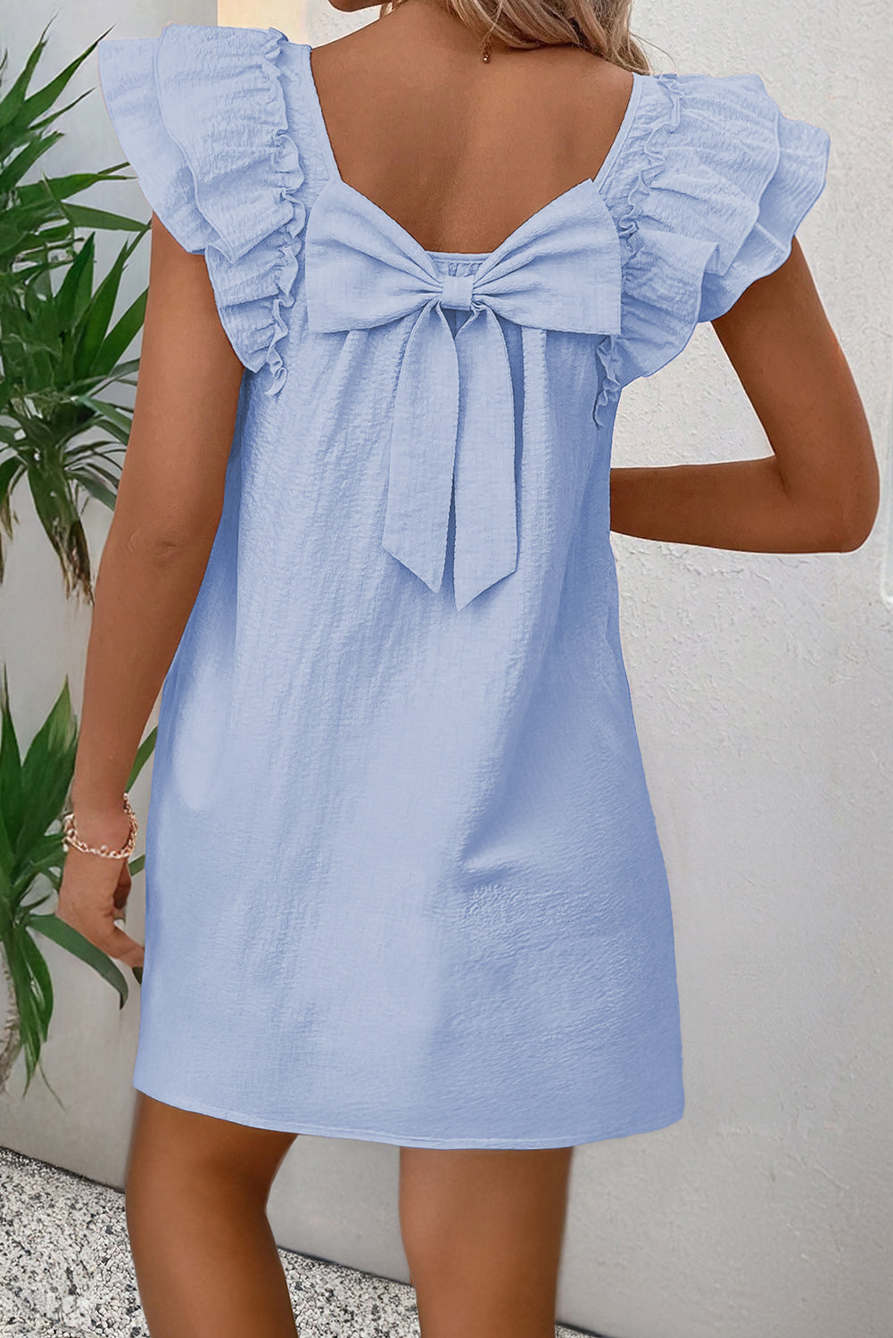 Light Pink Textured Flutter Sleeve Square Neck Bow Back Mini Dress