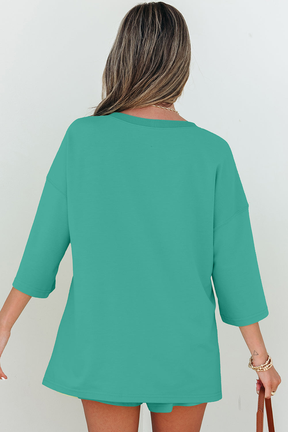 Meadow Mist Green Solid Loose V Neck Half Sleeve Tee and Shorts