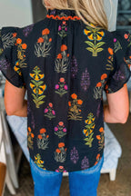 Black Floral Print Lace Trim Frilled V Neck Short Sleeve Shirt