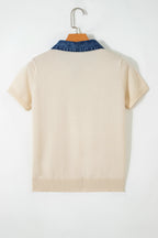 Jet Stream Short Sleeve Knit Denim Patchwork Polo Collar Sweater