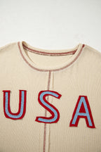 Beige USA Star Contrast Patchwork Exposed Seam Long Sleeve Top