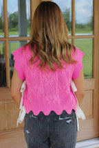 Beau Blue Pointelle Knit Patterned Scalloped Trim Short Sleeve Sweater