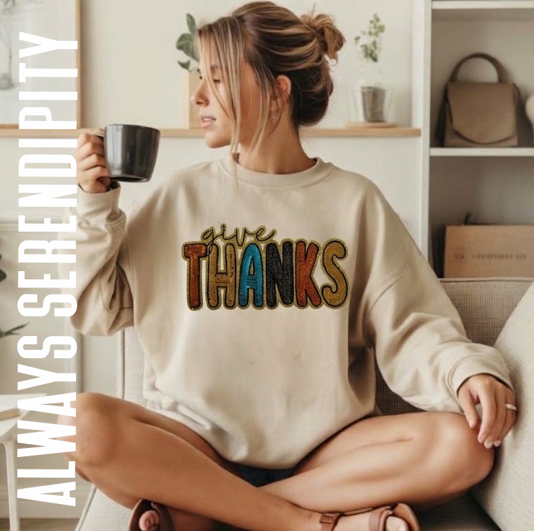 Give Thanks Sequin Bubble Letter Sweatshirt | Thanksgiving & Fall Fashion (BEIGE)