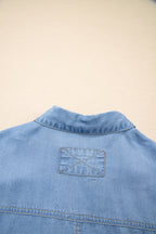 Beau Blue Half Sleeve Button Down Ruffled High Low Chambray Shirt