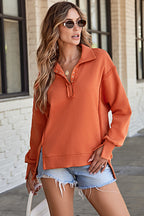 Orange Buttoned Collared Raw Detail High Low Baggy Sweatshirt with Slits