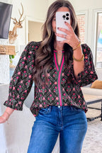 Black Contrast V Neckline Bracelet Sleeve Vintage Floral Blouse