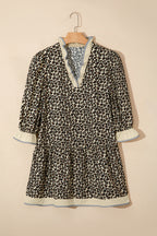 Black Leopard Print Striped Color Block Trim V Neck Bracelet Sleeve Mini Dress