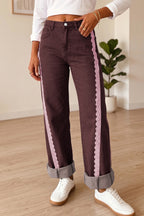 Coffee Lace Trim Casual Full-Length Regular Fit Jeans
