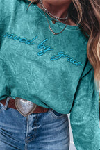 High-rise saved by grace Letter Embroidery Mineral Wash Loose Sweatshirt