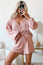 Gossamer Pink Cable Knit V Neck Cardigan Shorts Set