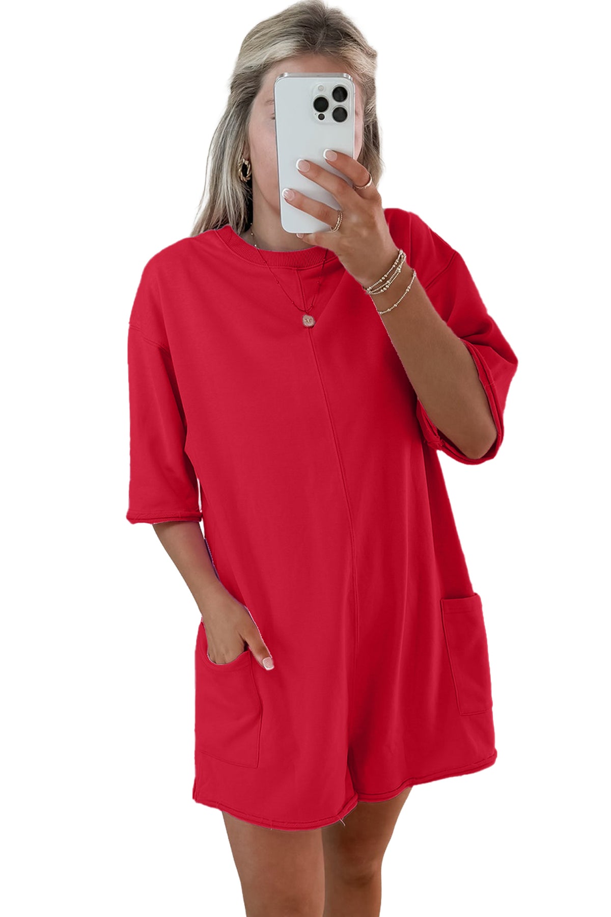 Pink Solid Color Raw Edge Half Sleeve Pocketed Loose Romper