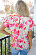 Rose Floral Print Flutter Sleeve Round Neck Casual Blouse