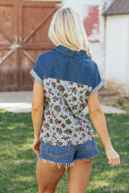 Gray Retro Floral Print Denim Patchwork Buttoned Polo Collar Top