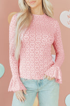 Gossamer Pink Heart Jacquard Flare Sleeve Mock Neck Fitted Top