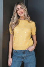 Chestnut Elegant Polka Dot Bubble Short Sleeve Sweater