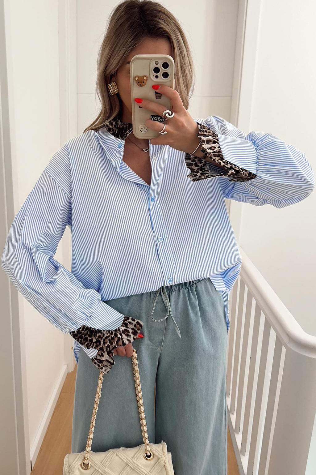 Sky Blue Stripe Ruffled Leopard Patchwork Long Sleeve Button Down Loose Shirt