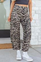 Gray Zebra Stripe Printed Wide Leg Barrel Jeans