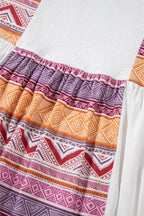 White Western Aztec Print Patchwork Ruffled Tunic Long Sleeve Babydoll Top