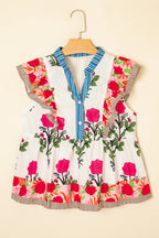 Pink Floral Print Tie Neck Striped Detail Flutter Sleeve Blouse