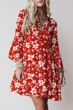 Sky Blue Boho Floral Print Lettuce Trim 3/4 Sleeve Mini Dress