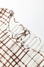 White Plaid Print Frilled Puffy Half Sleeve Blouse