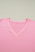 Bonbon V Neck Pleated Short Puff Sleeve Plus Size Blouse