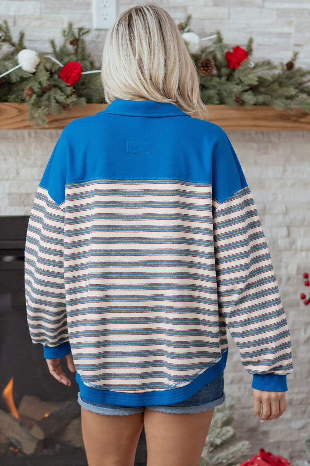 Pink Stripe Buttoned V Neck Collared Drop Shoulder Top