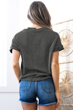 Light Blue Corded Knit Color Block Pocketed Crew Neck T Shirt