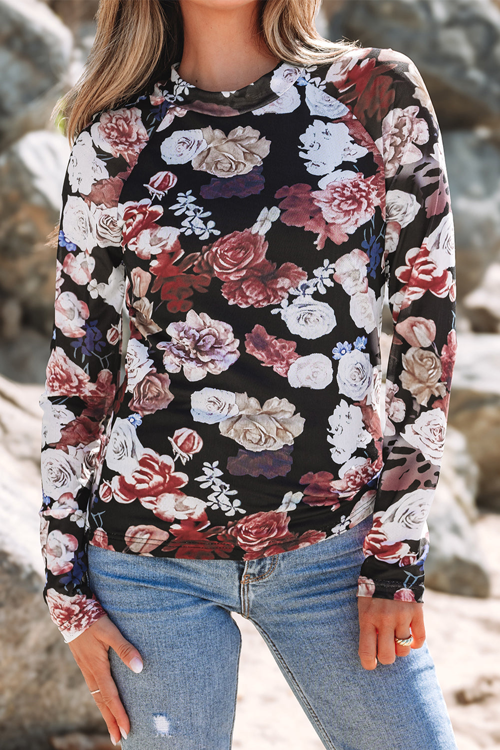 Pink Mesh Floral Print Mock Neck Long Sleeve Slim Top