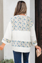 Sky Blue Floral Print Gauze Patchwork Henley Button 3/4 Sleeve Blouse