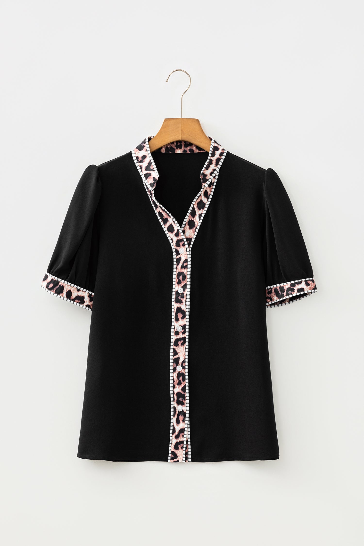 Black V Neck Short Puff Sleeve Contrast Striped Leopard Trim Button Down Shirt