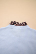 Sky Blue Stripe Ruffled Leopard Patchwork Long Sleeve Button Down Loose Shirt