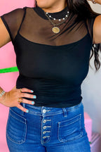 Black Sheer Mesh Patchwork Cap Sleeve T Shirt