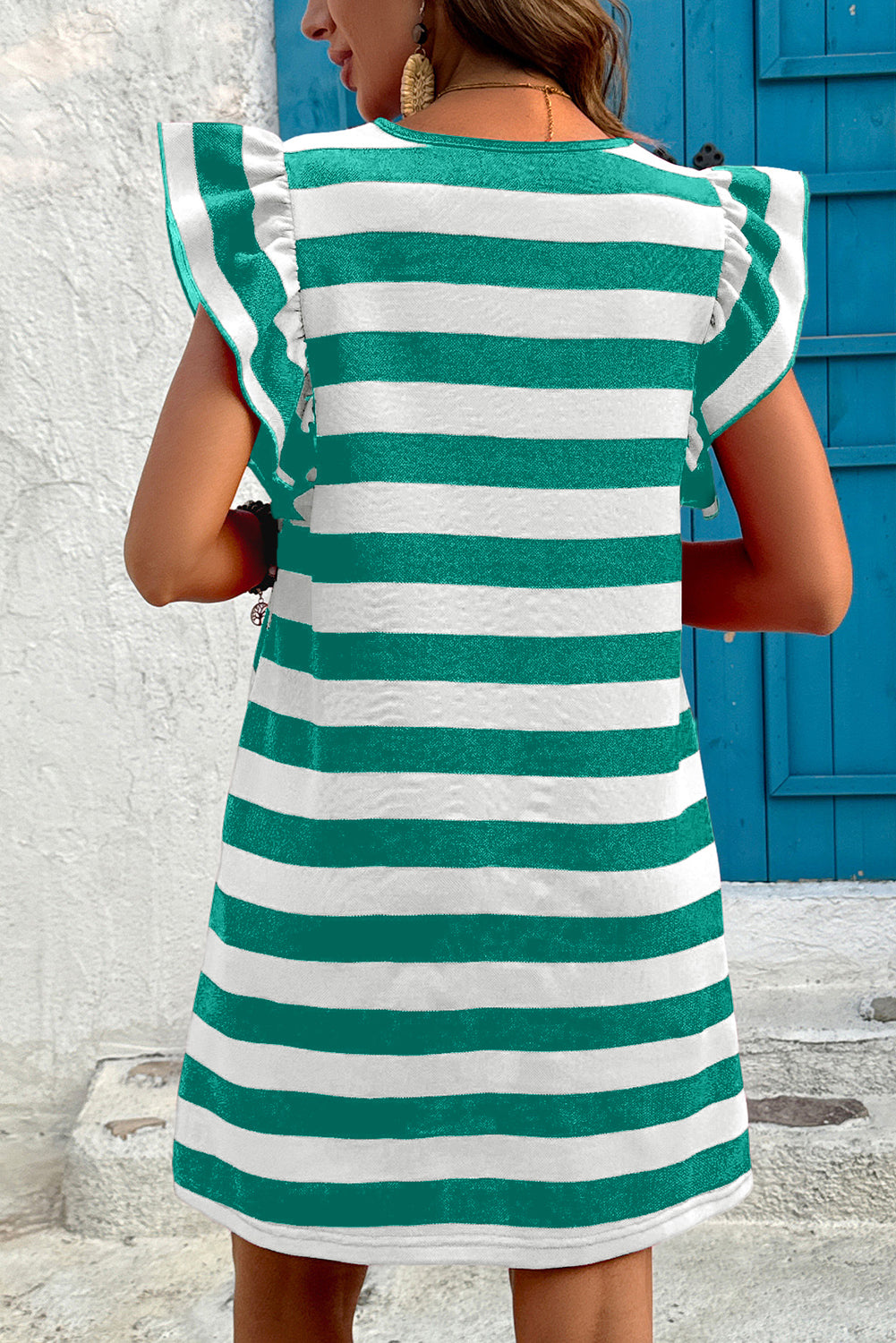 Black Stripe Flutter Sleeve Round Neck Shift Dress