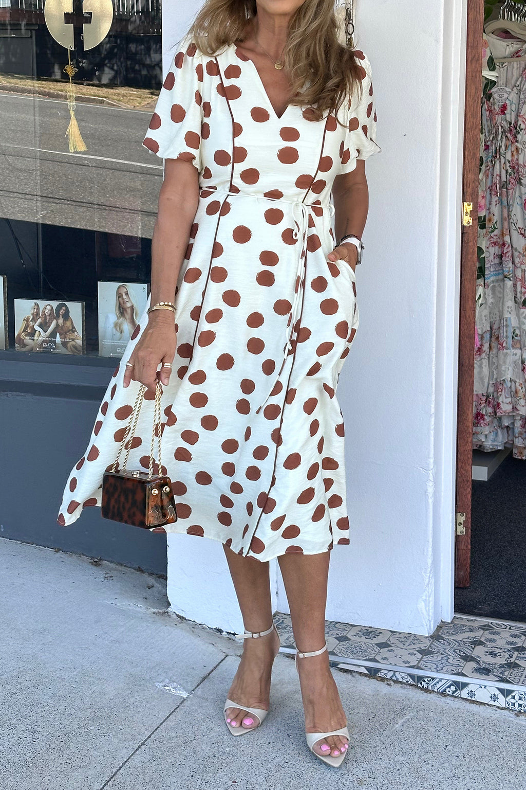 White Polka Dot Printed V Neck Short Sleeve Tie Waist Midi Dress