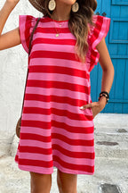 Black Stripe Flutter Sleeve Round Neck Shift Dress