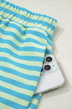 Yellow Stripe Color Block Detail Long Sleeve Pullover Elastic Waist Pull On Shorts 2pcs Set