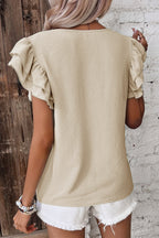 Clearly Aqua Solid Color Ruffled Short Sleeve Casual Blouse