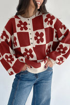 Thai Curry Flower Plaid Henley Baggy Sweater