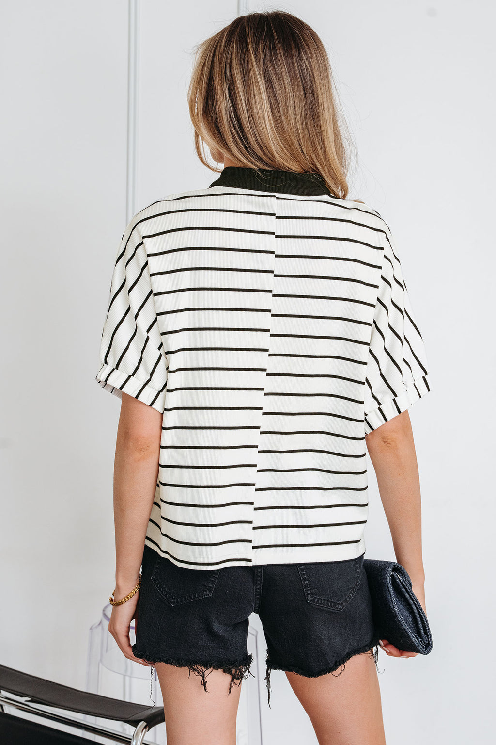 Blue Stripe Stand Collar V Neck Elastic Cuffs Half Sleeve Dolman Top