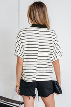 Blue Stripe Stand Collar V Neck Elastic Cuffs Half Sleeve Dolman Top