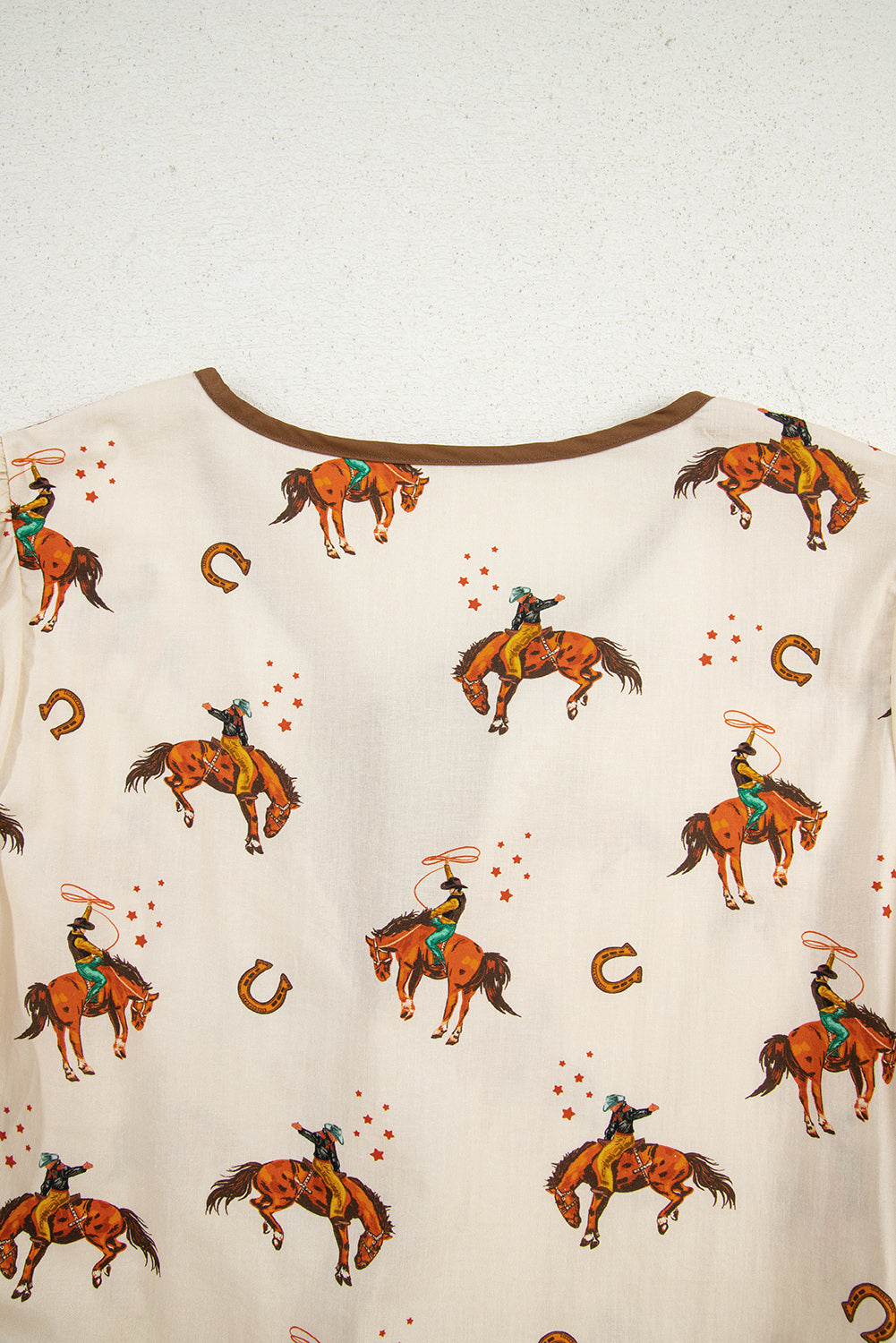 Apricot Cowboy Print Puff Sleeve Bowknot Peplum Blouse