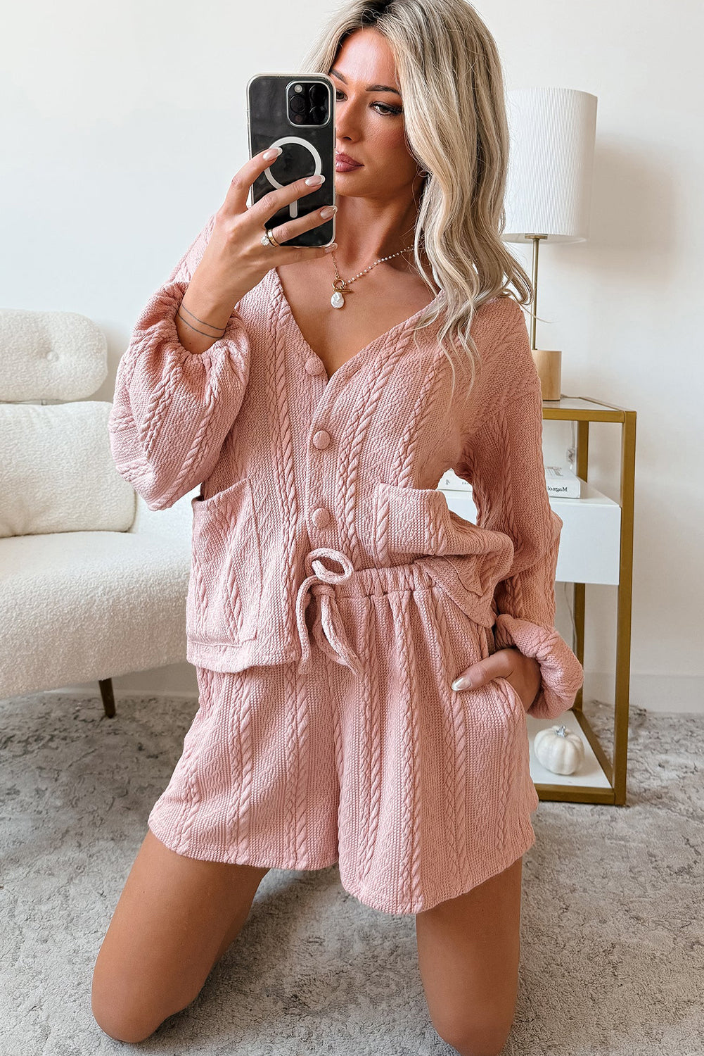 Gossamer Pink Cable Knit V Neck Cardigan Shorts Set