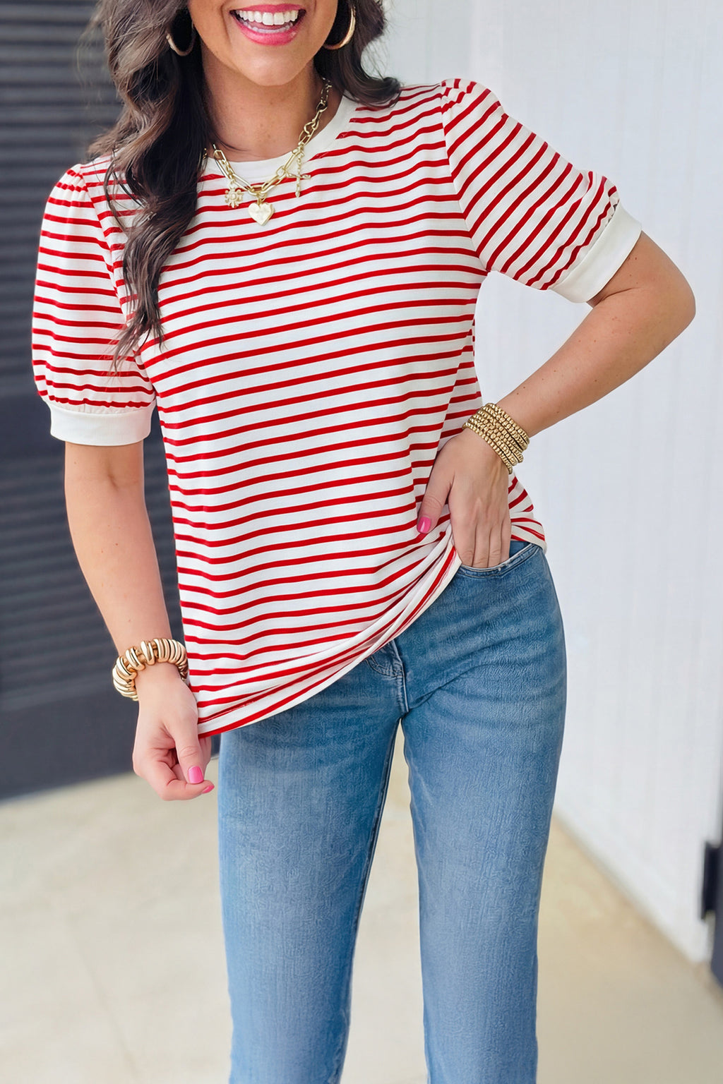 Red Stripe Contrast Trim Round Neck Short Puff Sleeve T Shirt